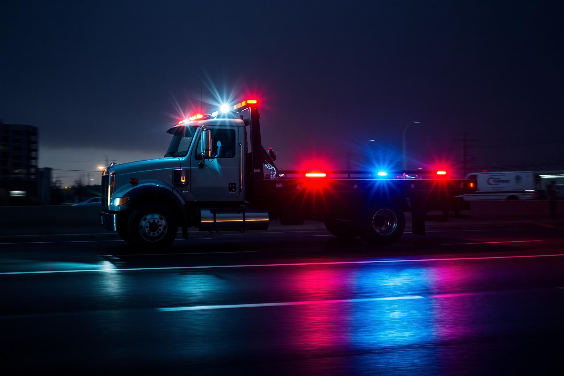 Tow truck responding at night with emergency lights